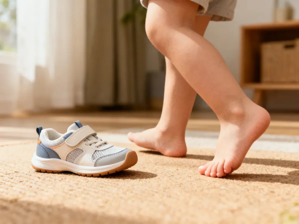 Dziecko ćwiczące naturalną pracę stóp obok elastycznych butów