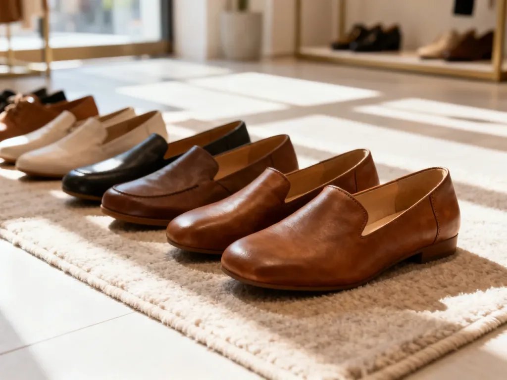 Eleganckie, wygodne buty damskie z szerokim noskiem ustawione na jasnym dywanie w słonecznym wnętrzu butiku.