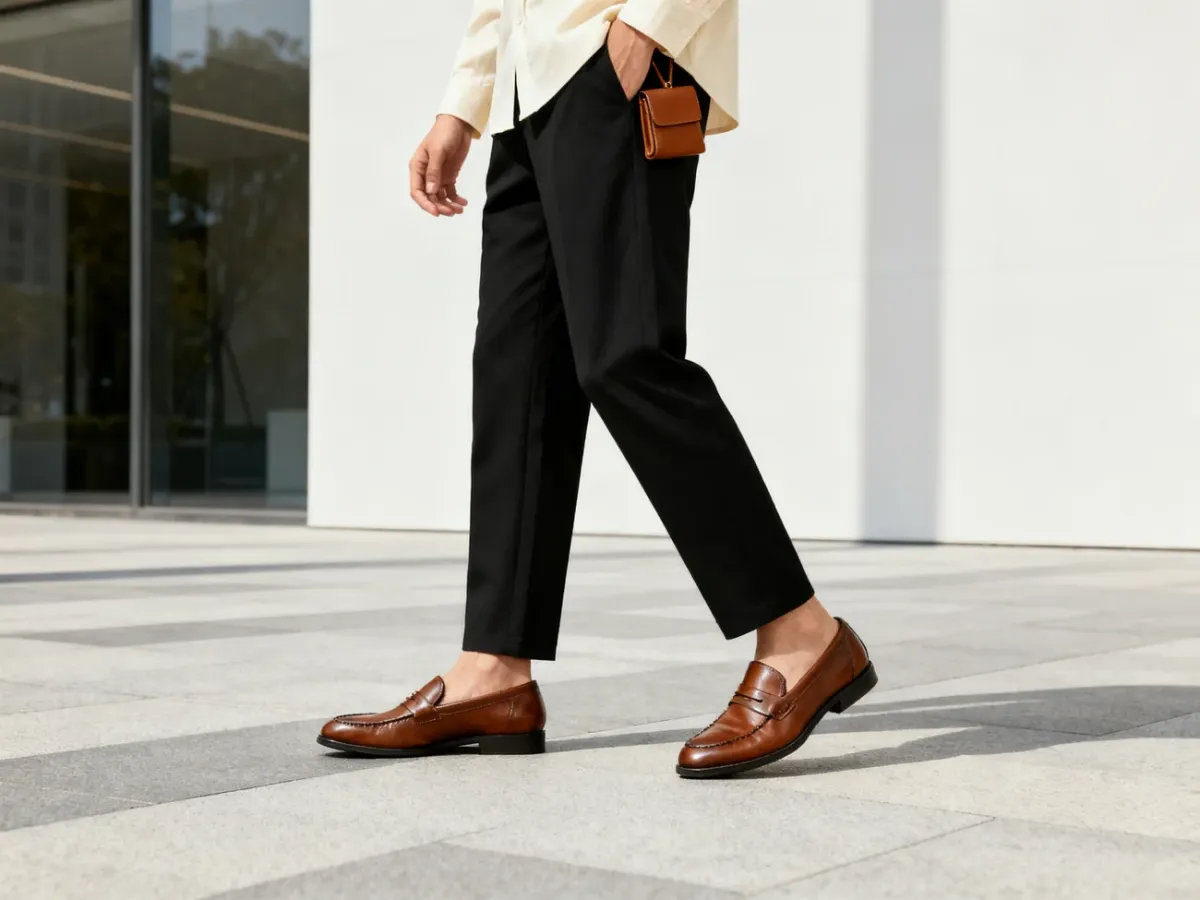 Stylizacja smart casual z czarnymi spodniami, brązowymi loafersami i jasną koszulą
