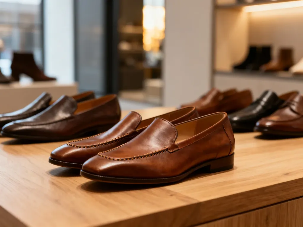 Eleganckie skórzane buty o poszerzonym kroju ustawione na drewnianym blacie w nowoczesnym sklepie obuwniczym.