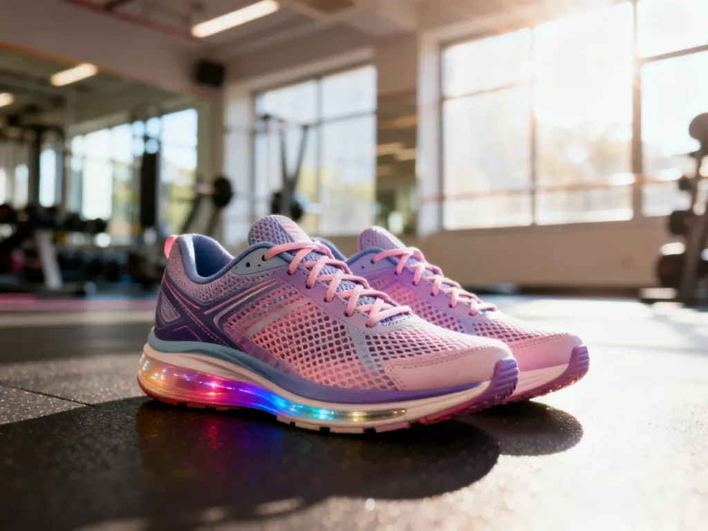 Profesjonalne buty sportowe damskie na podłodze nowoczesnej siłowni, idealne do intensywnego treningu fitness.