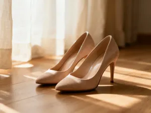 Eleganckie szmaragdowe czółenka z weluru z satynową kokardą na marmurowym blacie w luksusowej garderobie.