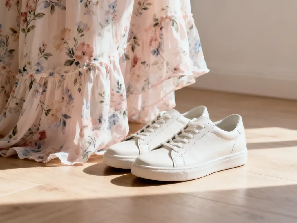 Białe skórzane sneakersy zestawione z kwiecistą sukienką na drewnianej podłodze w promieniach porannego słońca.