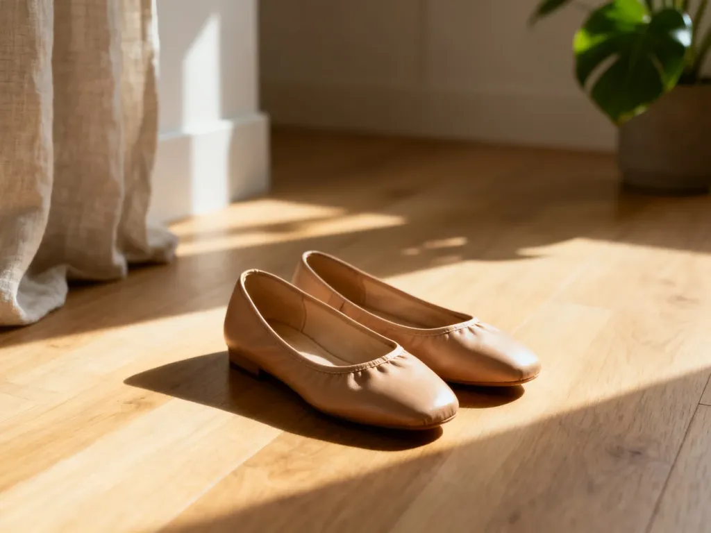 Eleganckie, minimalistyczne skórzane baleriny na drewnianej podłodze w słonecznym, stylowym wnętrzu.