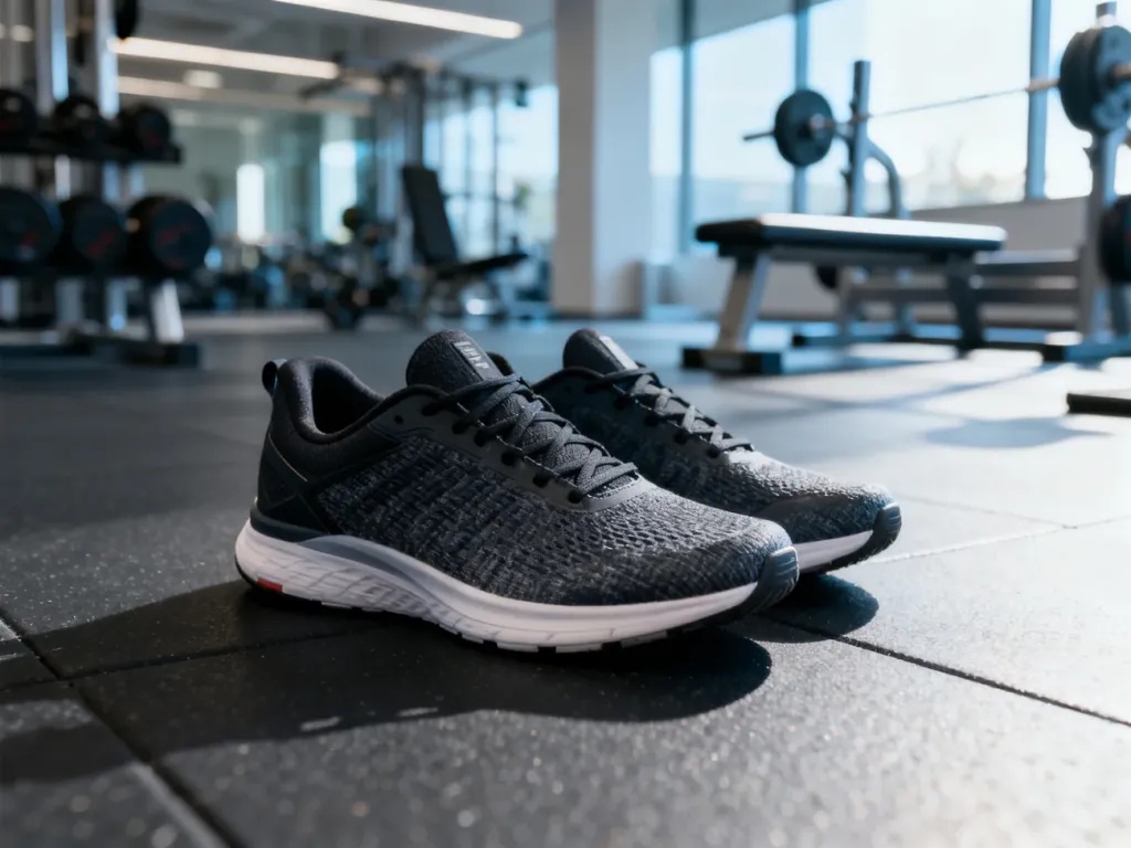 Profesjonalne buty sportowe na gumowej podłodze siłowni, gotowe do treningu w nowoczesnym centrum fitness.
