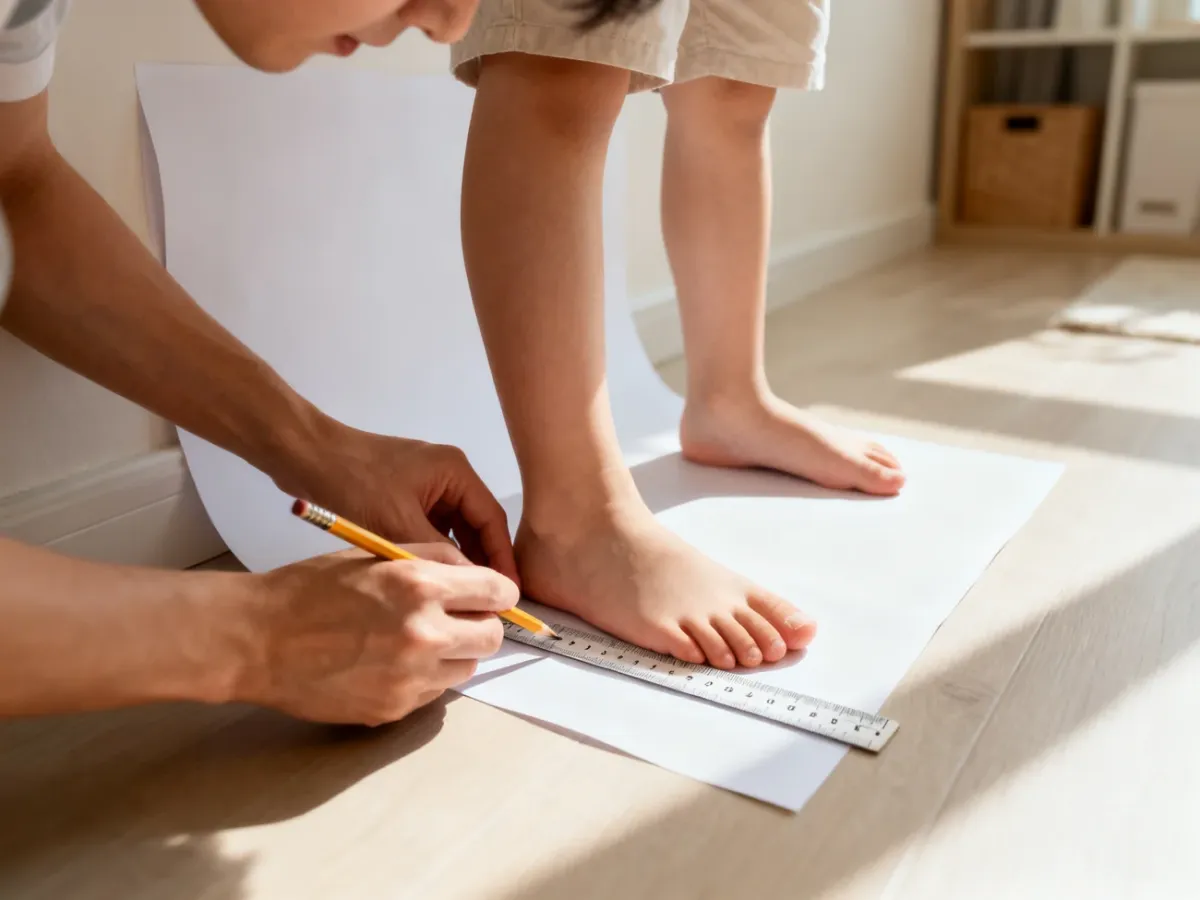 Pomiar bosej stopy dziecka przy ścianie na kartce papieru