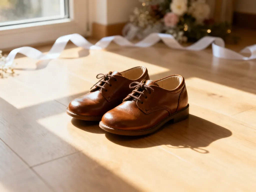 Eleganckie, skórzane buty komunijne na drewnianej podłodze w jasnym, odświętnym wnętrzu.