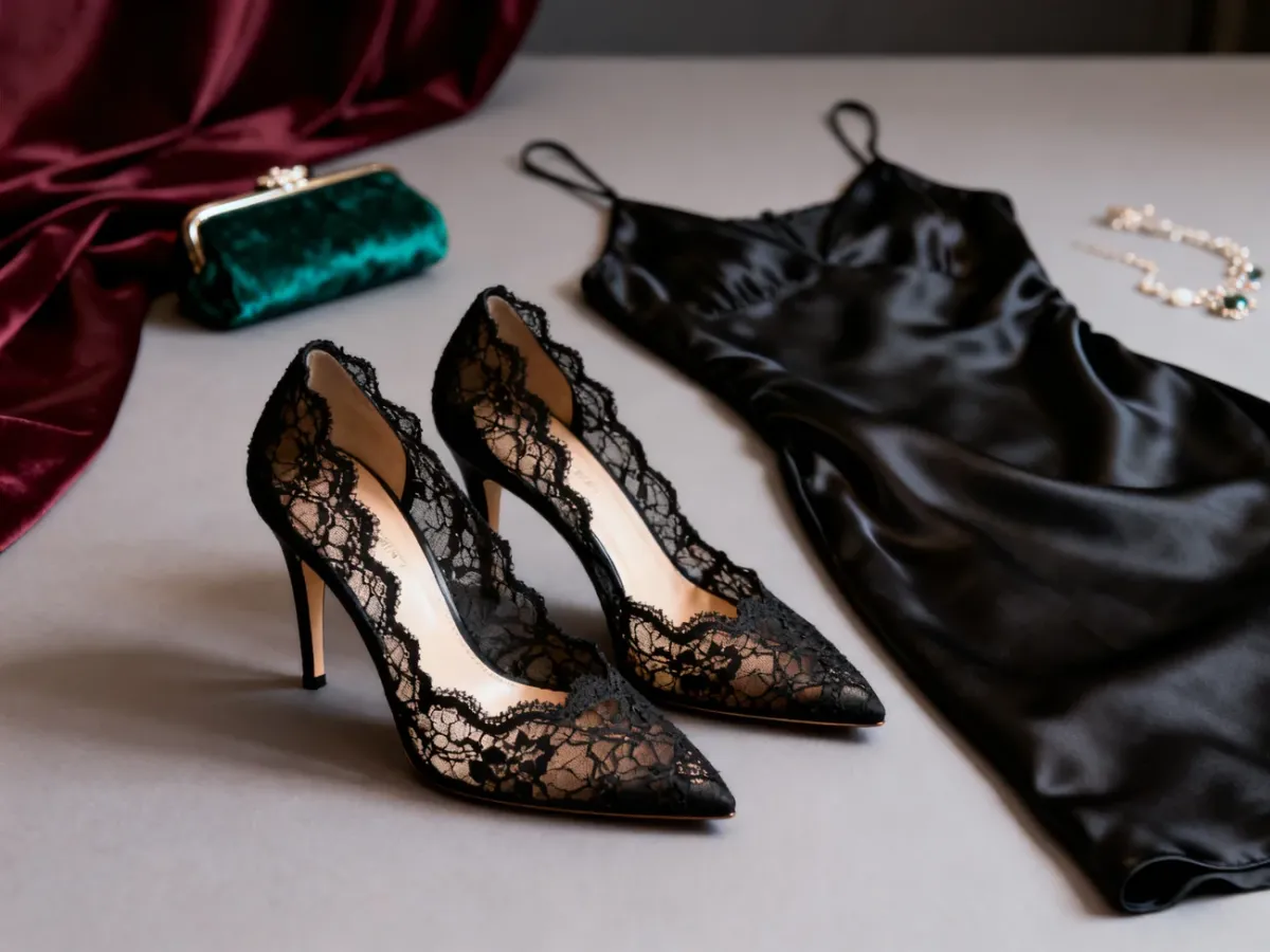 Czarne koronkowe szpilki zestawione z elegancką wieczorową stylizacją
