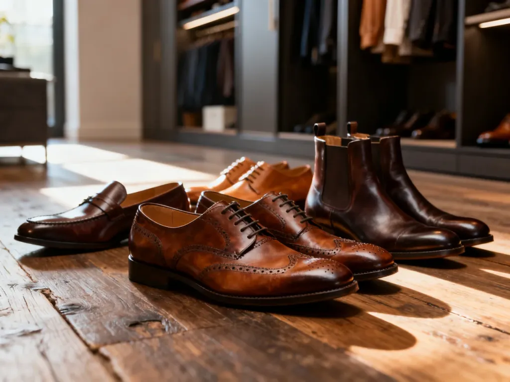 Eleganckie męskie buty skórzane w odcieniach brązu, ustawione na drewnianej podłodze, idealnie pasujące do stylizacji.