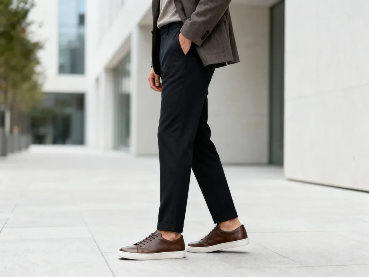 Mężczyzna w minimalistycznych skórzanych sneakersach i stylizacji smart casual