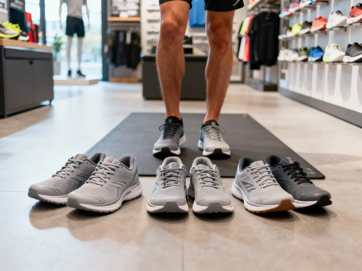 Początkujący biegacz wybiera uniwersalne buty treningowe w sklepie sportowym