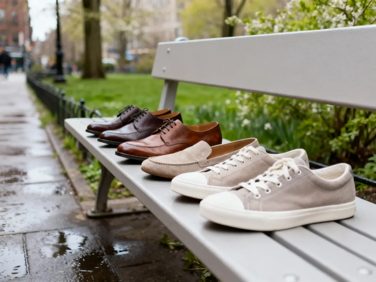 Różne męskie buty na wiosnę ustawione przy miejskim parku
