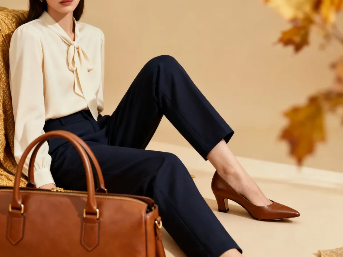 Brązowe czółenka w eleganckiej stylizacji z kremową bluzką i granatowymi spodniami