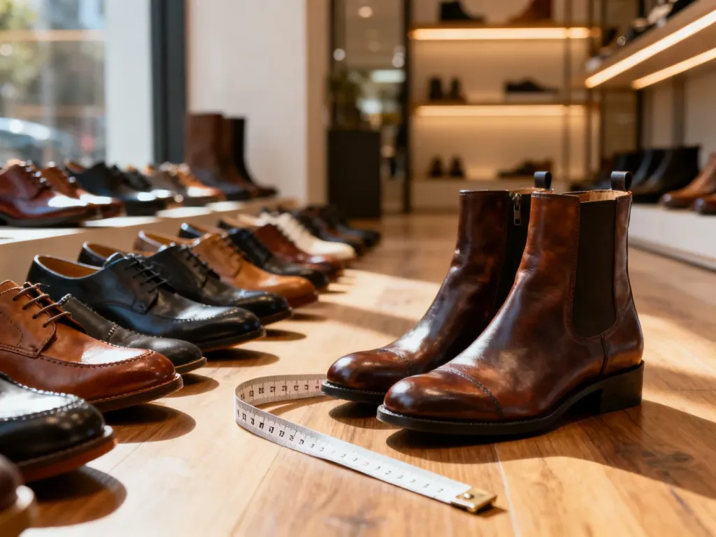 Eleganckie skórzane buty ułożone na drewnianej podłodze obok miarki krawieckiej, ilustrujące proces dobierania rozmiaru obuwia.